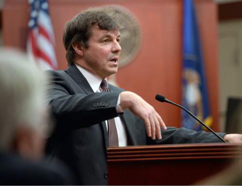 Al Hartmann  |  The Salt Lake Tribune
Defense lawyer Edward Stone makes his opening arguments in during the trial of Marc Sessions Jenson and Stephen R. Jenson in Salt Lake City on Wednesday, January 14, 2015. The Jenson brothers are charged with defrauding investors in a luxury ski resort near Beaver, Utah.
