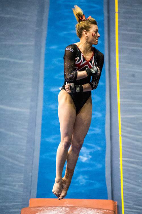 Chris Detrick  |  The Salt Lake Tribune
Utah's Tiffani Lewis competes on the vault during the gymnastics meet at the Marriott Center at Brigham Young University Friday January 9, 2015.