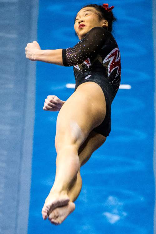 Chris Detrick  |  The Salt Lake Tribune
Utah's Kari Lee competes on the vault during the gymnastics meet at the Marriott Center at Brigham Young University Friday January 9, 2015.