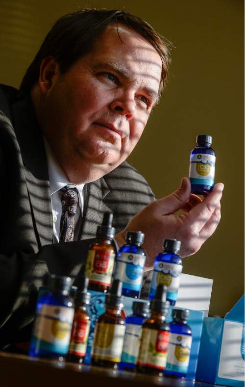 Francisco Kjolseth  |  The Salt Lake Tribune 
Rich Richardson, CEO of Utah-based company Dose of Nature is launching a line of legal Cannabidiol products made from industrial hemp extract. The CBD or Cannabidiol is one of the products available for the treatment of pediatric epilepsy, autism and other neurological conditions.