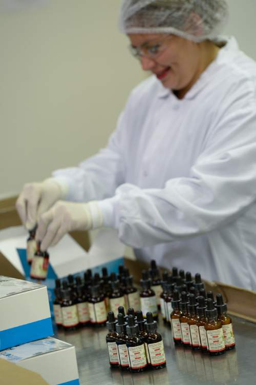 Francisco Kjolseth  |  The Salt Lake Tribune 
Brenda Intriago assembles products for Utah-based company Dose of Nature, launching a line of legal Cannabidiol products made from industrial hemp extract. The CBD or Cannabidiol is one of the products available for the treatment of pediatric epilepsy, autism and other neurological conditions.