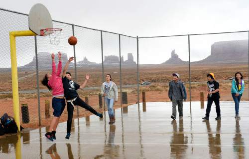 Rick Egan  | The Salt Lake Tribune 

Students play basketball during their lunch break at Monument Valley High School on Friday, January 31, 2014.
