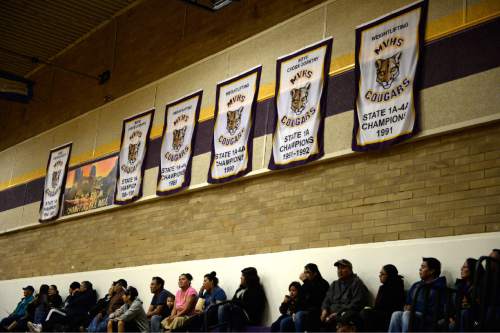 Rick Egan  | The Salt Lake Tribune 

State championship banners hang on the walls of the gym at Monument Valley High School on Friday, January 31, 2014.