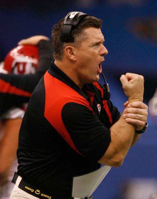 Utah head coach Kyle Whittingham yells for what he thinks should have been pass interference as the Utes face Alabama in the 75th Sugar Bowl in New Orleans, Louisiana, Friday, January 2, 2008.

Scott Sommerdorf/The Salt Lake Tribune