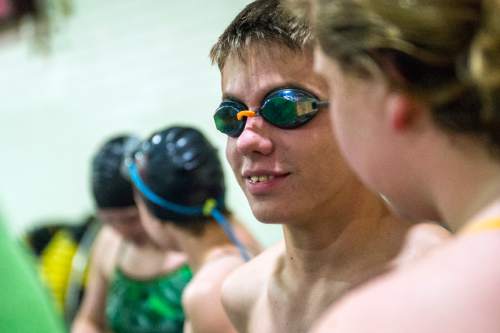 Chris Detrick  |  The Salt Lake Tribune
Sophomore Kale Walker gets ready to swim the 50 freestyle race at Wasatch High School Swimming Pool Thursday January 15, 2015.  Walker has been blind since birth and this is his first year on the Wasatch swim team.