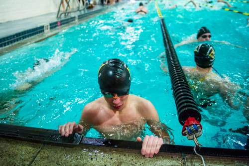 Chris Detrick  |  The Salt Lake Tribune
Sophomore Kale Walker takes a break while swimming warm-up laps at Wasatch High School Swimming Pool Thursday January 15, 2015.  Walker has been blind since birth and this is his first year on the Wasatch swim team.