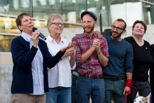 Trent Nelson  |  The Salt Lake Tribune
Kitchen v. Herbert plaintiffs Kody Partridge, Laurie Wood, Derek Kitchen, Moudi Sbeity and Kate Call at a rally to celebrate today's legalization of same-sex marriage, Monday October 6, 2014 in Salt Lake City.