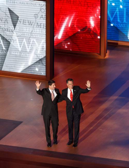 Trent Nelson  |  The Salt Lake Tribune
Paul Ryan and Mitt Romney wave at the close of the Republican National Convention in Tampa, Florida, Thursday, August 30, 2012.