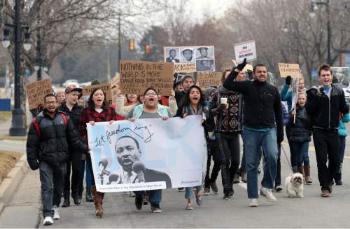 Steve Griffin  |  The Salt Lake Tribune

The public joined students and faculty of Westminster College in celebration of Dr. Martin Luther King Jr. Day during the college's annual march in honor of Dr. Martin Luther King Jr. in Salt Lake City, Monday, January 19, 2015.