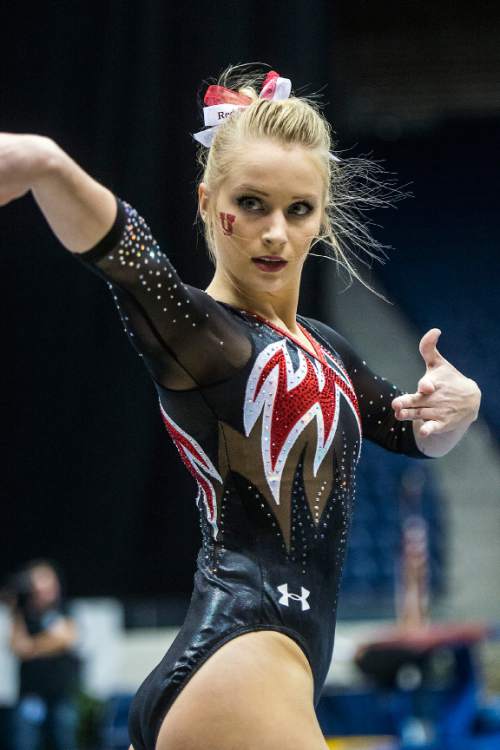 Chris Detrick  |  The Salt Lake Tribune
Utah's Georgia Dabritz competes on the floor during the gymnastics meet at the Marriott Center at Brigham Young University Friday January 9, 2015.  Dabritz tied for second on the floor with a score of 9.875.