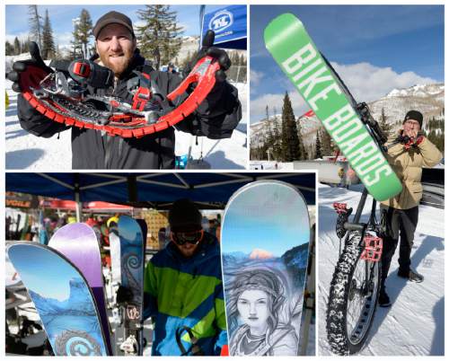 Al Hartmann  |  The Salt Lake Tribune
The Outdoor Retailers Winter Market trade show kicks off with their demo day at Solitude Mountain Resort on Tuesday, Jan. 20, 2015. Winter gear was on display to demo as, clockwise from upper left, Mike Sleeper, a representative for TSL Snowshoes out of Williston Vt. shows the flexibility of a pair of the company's snowshoes, Brian Hannon, an exhibitor with Bikeboards LLC shows a Bike Board attached to a fat-tire bike and intricate artwork on a pair of Icelantic skis greet potential clients. The demo gives retailers the opportunity to test gear in their winter to make informed buying decisions.