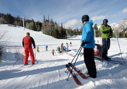 Al Hartmann  |  The Salt Lake Tribune
Outdoorsmen from the Winter Market Outdoor Retailers try out new skis and hit the slopes at Solitude Mountain Resort for the All Mountain Demo Tuesday Jan. 20, 2015. The demo day gives retailers the opportunity to test gear in the environment it was made for to make informed buying decisions.