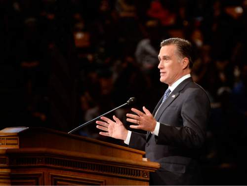 Al Hartmann  |  Tribune file photo
2012 Republican presidential candidate Mitt Romney speaks at the BYU Marriott Center Tuesday November 18, 2014.  His forum was titled "Life Lessons From the Front."  BYU invites experts in their fields, noted public officials  to come to campus to deliver a Forum address on campus.