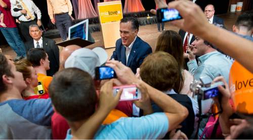 Trent Nelson  |  The Salt Lake Tribune
Mitt Romney works the crowd after speaking at a rally to support Mia Love, who is running as a Republican in Utah's 4th Congressional District. Wednesday October 8, 2014 at Thanksgiving Point.