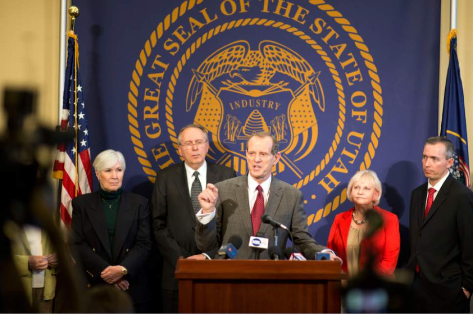 Lennie Mahler  |  The Salt Lake Tribune
House Majority Leader Brad Dee speaks to the media in front of other Utah lawmakers and Count My Vote leaders in a press conference announcing a deal at the Capitol on Sunday, March 2, 2014.