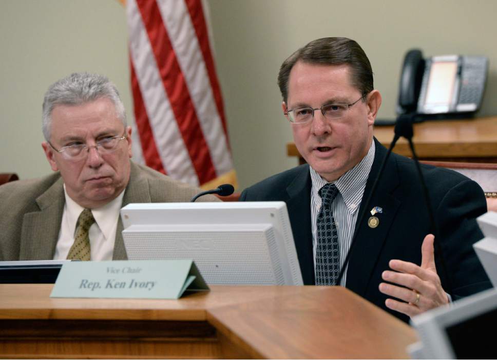 Al Hartmann  |  The Salt Lake Tribune 
Rep. Ken Ivory, R-West Jordan speaks in the House Government Operations Standing Committee Monday March 3 on SB005401, Elections Amendments.  Rep. Jack Draxler, R-North Logan, chairman of the committee, left.   The amended bill passed unananimously in the committee to bring it to the house floor.  Many on the committee, like Ivory had reservations but voted for the so-called "Utah count my vote" compromise bill.