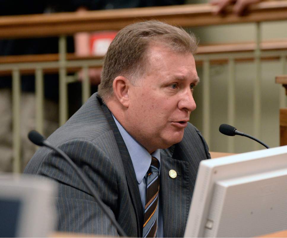 Al Hartmann  |  The Salt Lake Tribune 
Senator Curtis Bramble testifies in the House Government Operation Standing Committee Monday March 3 on SB005401, Elections Amendments.  He was the sponsor of the bill.  The amended bill passed unananimously in the committee to bring it to the house floor.   Many on the committee had reservations but voted for the so-called "Utah count my vote" compromise bill.