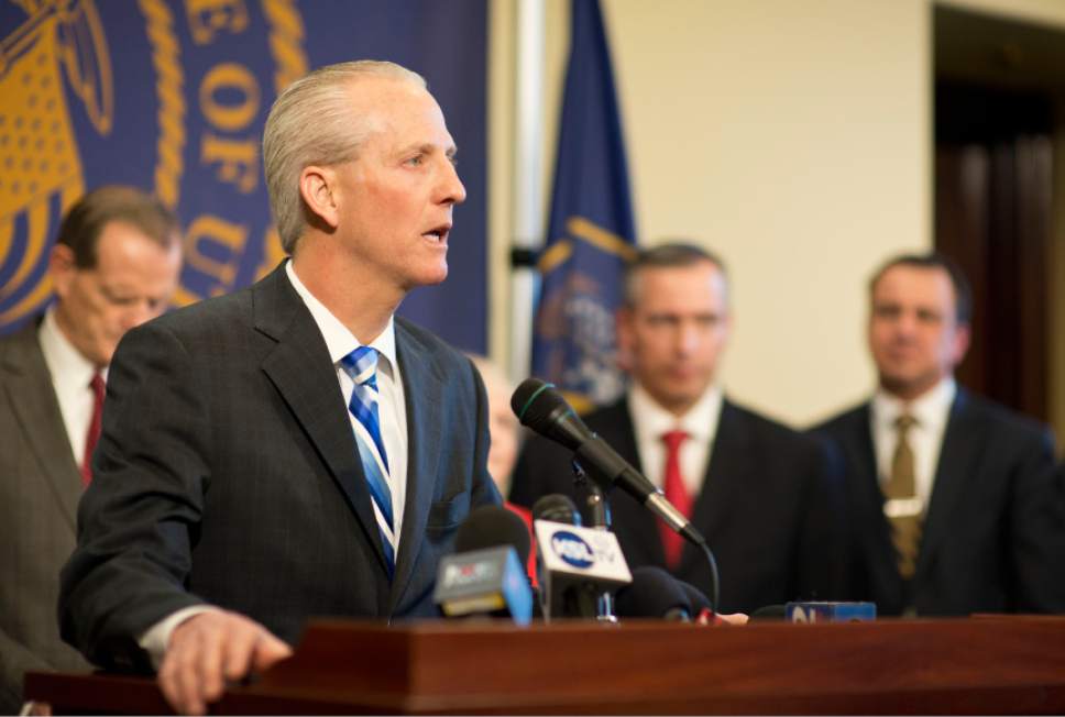 Lennie Mahler  |  The Salt Lake Tribune
Sen. Wayne Niederhauster speaks to the media in a press conference announcing a deal between Count My Vote and lawmakers at the Capitol on Sunday, March 2, 2014.