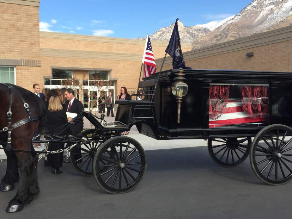 Matt Canham  |  The Salt Lake Tribune 

Stan Lockhart greets well wishers after the funeral of his wife Becky Lockhart, Utah's former House Speaker, on Friday.