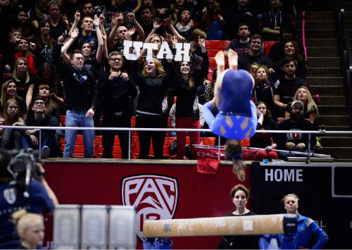 Scott Sommerdorf   |  The Salt Lake Tribune
Utah fans cheer during the practice period as UCLA warms up on the beam. Utah Gymnastics defeated UCLA 196.725 - 194.725 in the Huntsman Center, Friday, January 23, 2015.
