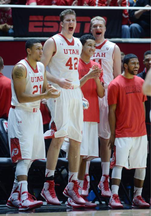 Steve Griffin  |  The Salt Lake Tribune


The Utah bench screams with excitement after Utah Utes guard Delon Wright (55) throws down a dunk during second half action in the Utah versus Colorado men's basketball game at the Huntsman Center in Salt Lake City, Wednesday, January 7, 2015.