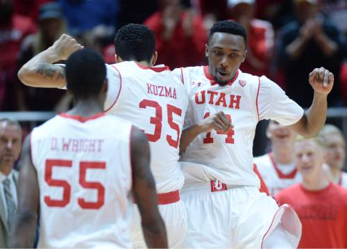 Steve Griffin  |  The Salt Lake Tribune


Utah Utes forward Kyle Kuzma (35) and Utah Utes guard/forward Dakarai Tucker (14) leap up and pump together after Kuzma nailed a three-pointer causing Colorado to call a time-out during second half action in the Utah versus Colorado men's basketball game at the Huntsman Center in Salt Lake City, Wednesday, January 7, 2015.