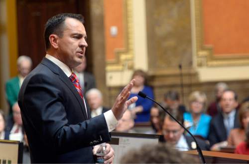 Al Hartmann  |  The Salt Lake Tribune
Greg Hughes, new speaker of the Utah House of Representatives, gets serious as he makes his first remarks to the body at the start of the 2015 legislative session Monday Jan 26.