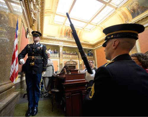Al Hartmann  |  The Salt Lake Tribune
The Utah National Guard Color Guard posts the American flag at the start of the 2015 legislative session Monday Jan 26.