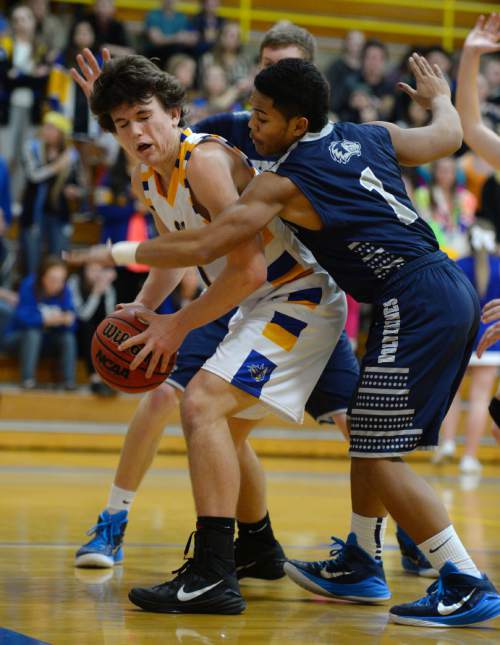 Steve Griffin  |  The Salt Lake Tribune

Hunter's Olson Williams, right, traps Taylorsville's Remi Prince on the baseline during game between Taylorsville and Hunter at Taylorsville High School in Taylorsville, Tuesday, January 27, 2015.
