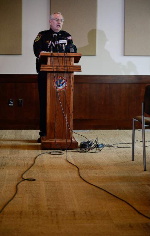 Francisco Kjolseth  |  The Salt Lake Tribune 
Springville Department Chief of Police Scott Finlayson holds a final news briefing on Tuesday, Jan. 27, 2015, in reference to the deaths of five members of the Strack family. It was found that the five members of the Utah family died of "drug toxicity, in a murder-suicide scenario.