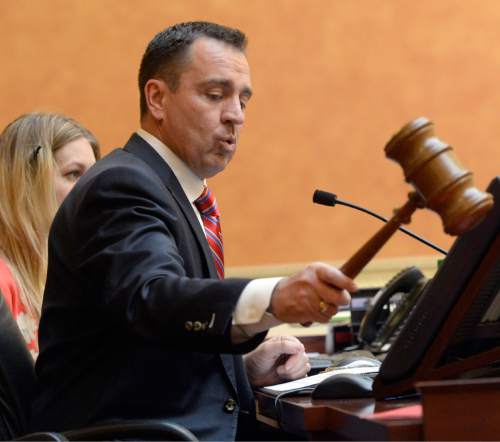 Al Hartmann  |  The Salt Lake Tribune
New Speaker of the House Greg Hughes bangs the gavel to bring members to order for annual State of the Judiciary address by Matthew Durrant, chief justice of the Utah Supreme Court on Monday, Jan. 26, 2015.