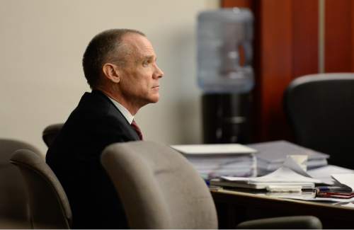 Francisco Kjolseth  |  The Salt Lake Tribune 
Marc Sessions Jenson, 54, appears in court during his ongoing trial on Tuesday, Jan. 27, 2015, for second-degree felony charges of fraud, money laundering and theft by deception in connection with the failed Mt. Holly ski resort near Beaver.