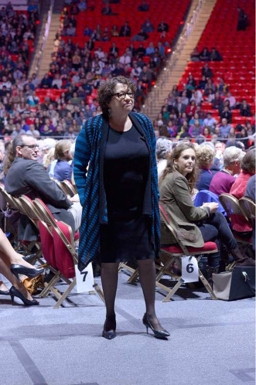 Leah Hogsten  |  The Salt Lake Tribune
United States Supreme Court Justice Sonia Sotomayor caused quite a stir when she began zig-zagging through the student section, answering questions and posing for pictures, much to the dismay of security and the crowd. Sotomayor discussed her recent book "My Beloved World" and her educational experiences at the University of Utah's Jon M. Huntsman Center, Wednesday, January 28, 2015.  Sotomayor was appointed to the court as Associate Justing in 2009 by President Barack Obama. She is the first Latina and the third woman to be appointed to this position.