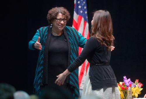 Leah Hogsten  |  The Salt Lake Tribune
United States Supreme Court Justice Sonia Sotomayor hugs student Liz Morales after answering her question. Sotomayor discussed her recent book "My Beloved World" and her educational experiences at the University of Utah's Jon M. Huntsman Center, Wednesday, January 28, 2015.  Sotomayor was appointed to the court as Associate Justing in 2009 by President Barack Obama. She is the first Latina and the third woman to be appointed to this position.