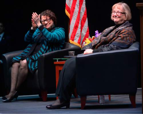 Leah Hogsten  |  The Salt Lake Tribune
l-r United States Supreme Court Justice Sonia Sotomayor applauds Utah Supreme Court Justice Christine Durham. Sotomayor discussed her recent book "My Beloved World" and her educational experiences at the University of Utah's Jon M. Huntsman Center, Wednesday, January 28, 2015.  Sotomayor was appointed to the court as Associate Justing in 2009 by President Barack Obama. She is the first Latina and the third woman to be appointed to this position.