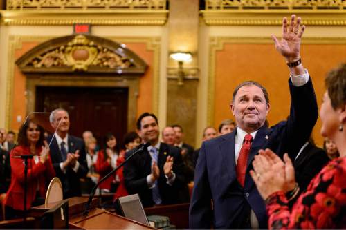 Trent Nelson  |  The Salt Lake Tribune
Governor Gary Herbert waves to the gallery after delivering the state of the state address at the state capitol building in Salt Lake City, Wednesday January 28, 2015.