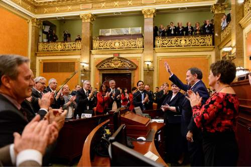 Trent Nelson  |  The Salt Lake Tribune
Governor Gary Herbert waves to the gallery after delivering the state of the state address at the state capitol building in Salt Lake City, Wednesday January 28, 2015.