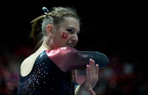 Lennie Mahler  |  The Salt Lake Tribune
Baely Rowe scores a 9.850 in her performance on the floor in a super meet at the Huntsman Center on Friday, Jan. 16, 2015.