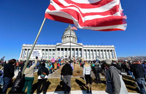 Francisco Kjolseth  |  The Salt Lake Tribune
Thousands of clean air advocates gather on the steps of the capitol to push for pollution solutions on Saturday.