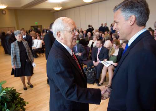 Al Hartmann  |  Tribune file photo
Then-Utah Gov. Jon Huntsman, right, greets Richard Richards, a former chairman of the Republican National Commitee at the Shepherd Union Building at Weber State University. Richards was honored in 2009 as the namesake for the Richard Richards Institute for Politics , Decency and Ethical Conduct at Weber State.