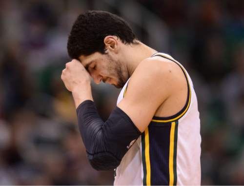 Steve Griffin  |  The Salt Lake Tribune

Utah Jazz center Enes Kanter (0) pounds his head with his fist as the Jazz fall behind late in the second half in the Utah Jazz versus Los Angeles Clippers at EnergySolutions Arena in Salt Lake City, Wednesday, January 28, 2015.