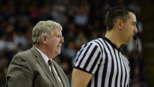 Steve Griffin  |  The Salt Lake Tribune

Utah State head coach Stew Morrill growls at the refs after a call went against his team during second half action in the BYU versus USU men's basketball game in Logan, Tuesday, December 2, 2014.