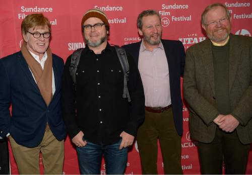 Leah Hogsten  |  The Salt Lake Tribune
l-r Actors Robert Redford and Nick Offerman, director Ken Kwapis and "A Walk in the Woods" author Bill Bryson at the Salt Lake City world premiere of  "A Walk in the Woods" at the Rose Wagner Performing Arts Center, Friday, January 23, 2015.   "A Walk in the Woods" stars  Redford and Nick Nolte and is adapted from Bill Bryson's 1998 memoir of the same name.