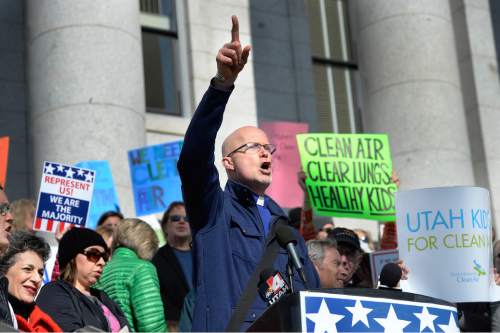 Scott Sommerdorf   |  The Salt Lake Tribune
The Rev. David Nichols, from Mount Tabor Lutheran Church, speaks at the Clean Air, No Excuses Rally, Saturday, Jan. 31, 2015.