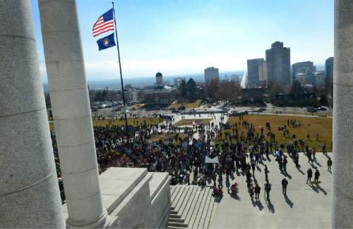 Scott Sommerdorf   |  The Salt Lake Tribune
Some of the crowd seen attending the Clean Air, No Excuses Rally is being held at the State Capitol, Saturday, Jan. 31, 2015.