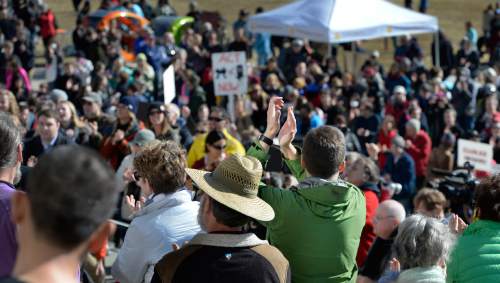 Scott Sommerdorf   |  The Salt Lake Tribune
Around 2,000 people attended the Clean Air, No Excuses Rally at the State Capitol building, Saturday, Jan. 31, 2015.