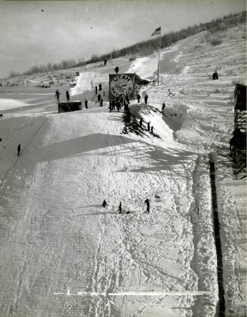 Tribune file photo

The large takeoff and small takeoff are seen at Ecker Hill, near Parley's Summit, in this photo from Dec., 1937. The venue was a world class ski jumping venue and hosted a number of high profile competitions in the 1930s and 1940s.