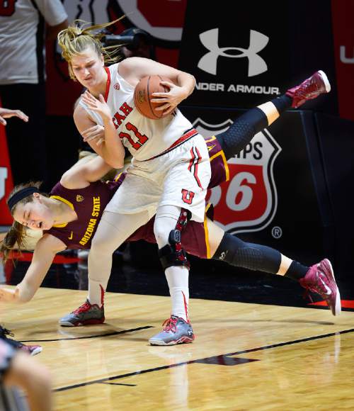 Scott Sommerdorf   |  The Salt Lake Tribune
Utah Utes forward Taryn Wicijowski (11) tosses aside Arizona State Sun Devils forward Sophie Brunner (21) after Brunner got her arm caught as Wicijowski controlled a rebound in first half play. Arizona State beat Utah 58-48, Sunday, February 1, 2015.