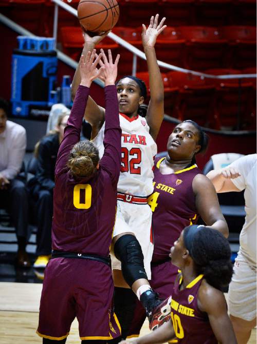 Scott Sommerdorf   |  The Salt Lake Tribune
Utah Utes forward Tanaeya Boclair (32) made this first half shot, but Arizona State beat Utah 58-48, Sunday, February 1, 2015.