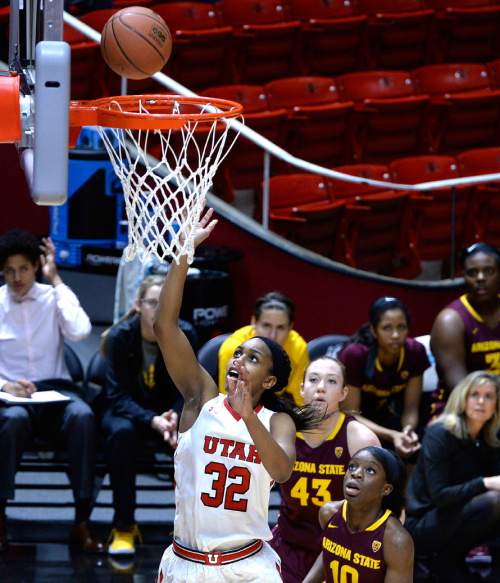 Scott Sommerdorf   |  The Salt Lake Tribune
Utah Utes forward Tanaeya Boclair (32) slipped through the ASU defense and made this easy score during first half play. Arizona State beat Utah 58-48, Sunday, February 1, 2015.